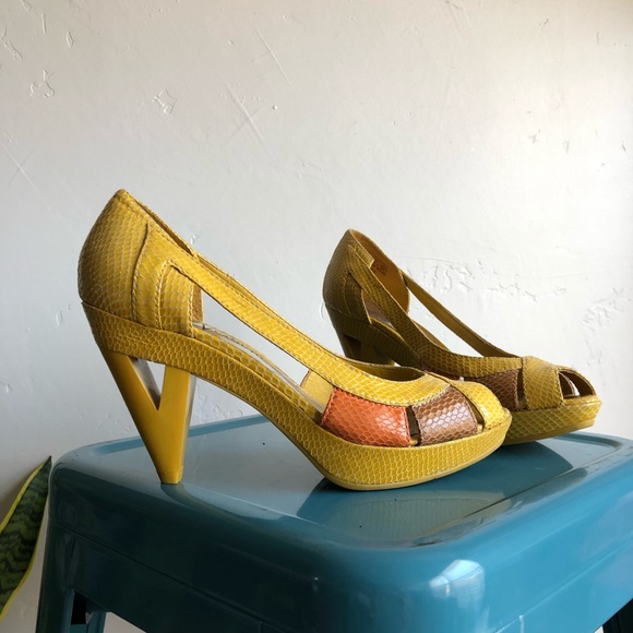 Vince Camuto Shoes - Vince Camuto Yellow Snake Cutout Heels